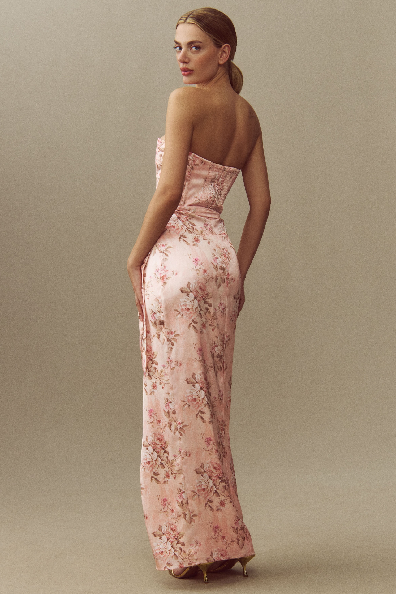 V. Chapman June Printed Corset Front-Slit Satin Gown