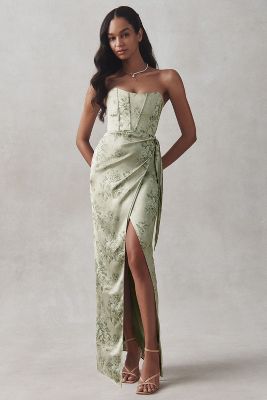 Shop V. Chapman June Printed Corset Front-slit Gown In Green