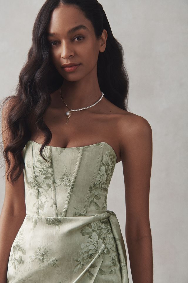 V. Chapman June Printed Corset Front-Slit Satin Gown | Anthropologie