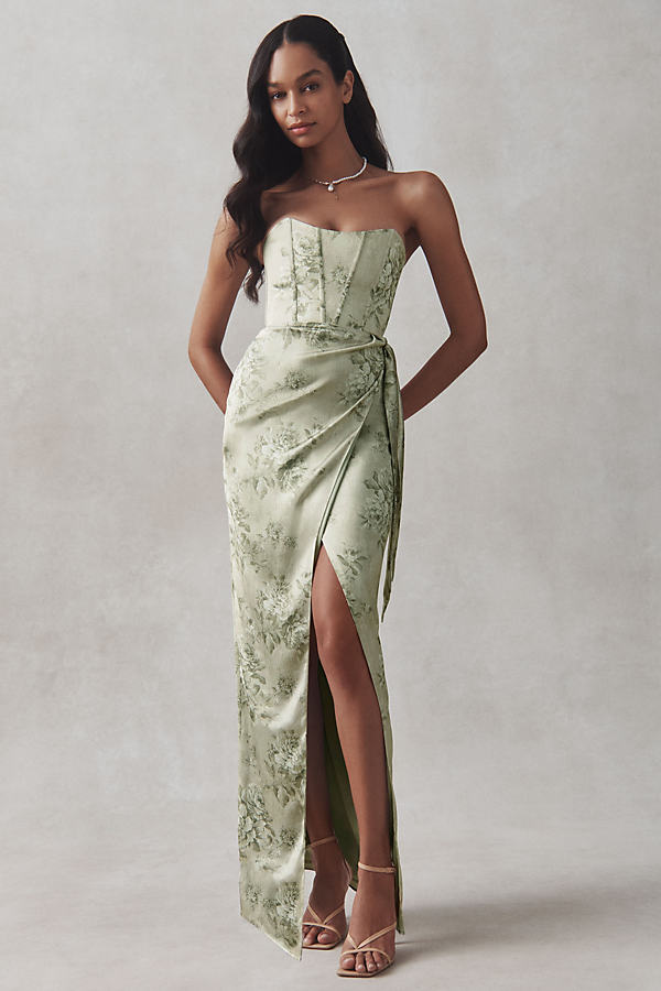 V. Chapman June Printed Corset Front-slit Gown In Green
