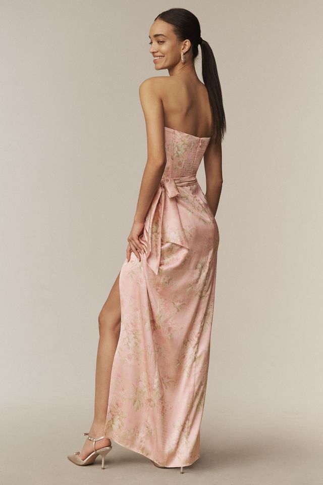 V. Chapman June Printed Corset Front-Slit Satin Gown #1