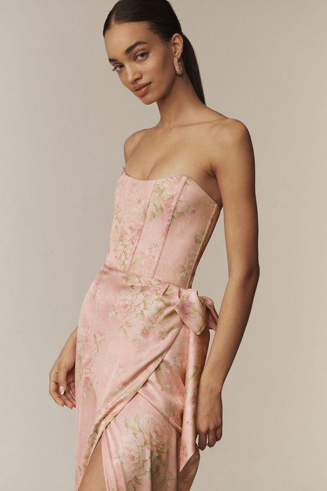 V. Chapman June Printed Corset Front-Slit Satin Gown #2