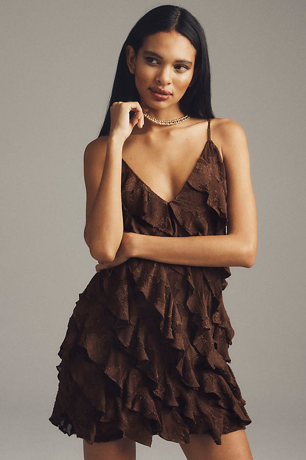 Bhldn Jia Bias-cut Ruffled V-neck Mini Dress In Brown