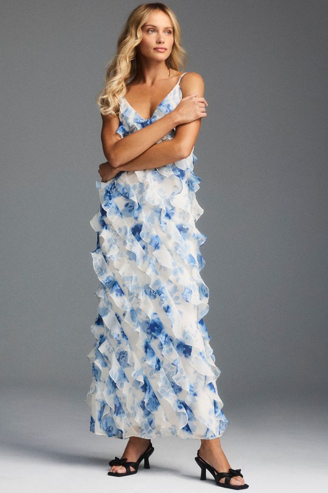BHLDN Jia Printed Bias-Cut Ruffled V-Neck Gown #1