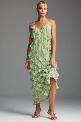 Bhldn Jia Printed Bias-cut Ruffled V-neck Gown In Green