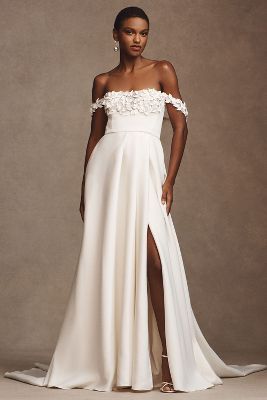 Justin Alexander Hadley Floral Appliqué Wedding Gown In White