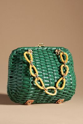 Frances Valentine Hen Wicker Basket Bag In Green