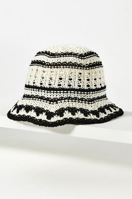 Anthropologie Lucky Stripe Crochet Bucket Hat In Black