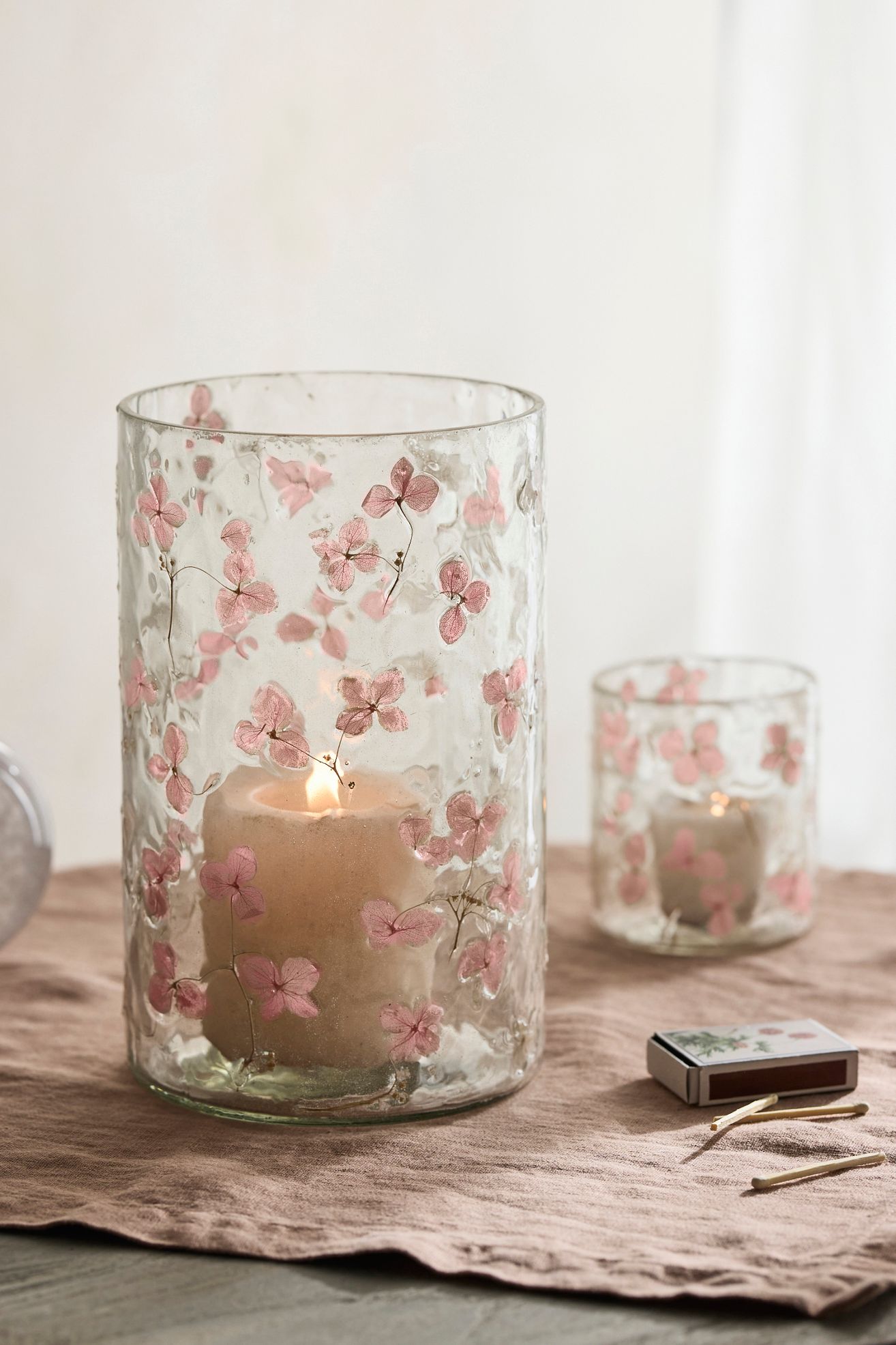 Pressed Hydrangea Glass Hurricane - Pink, L