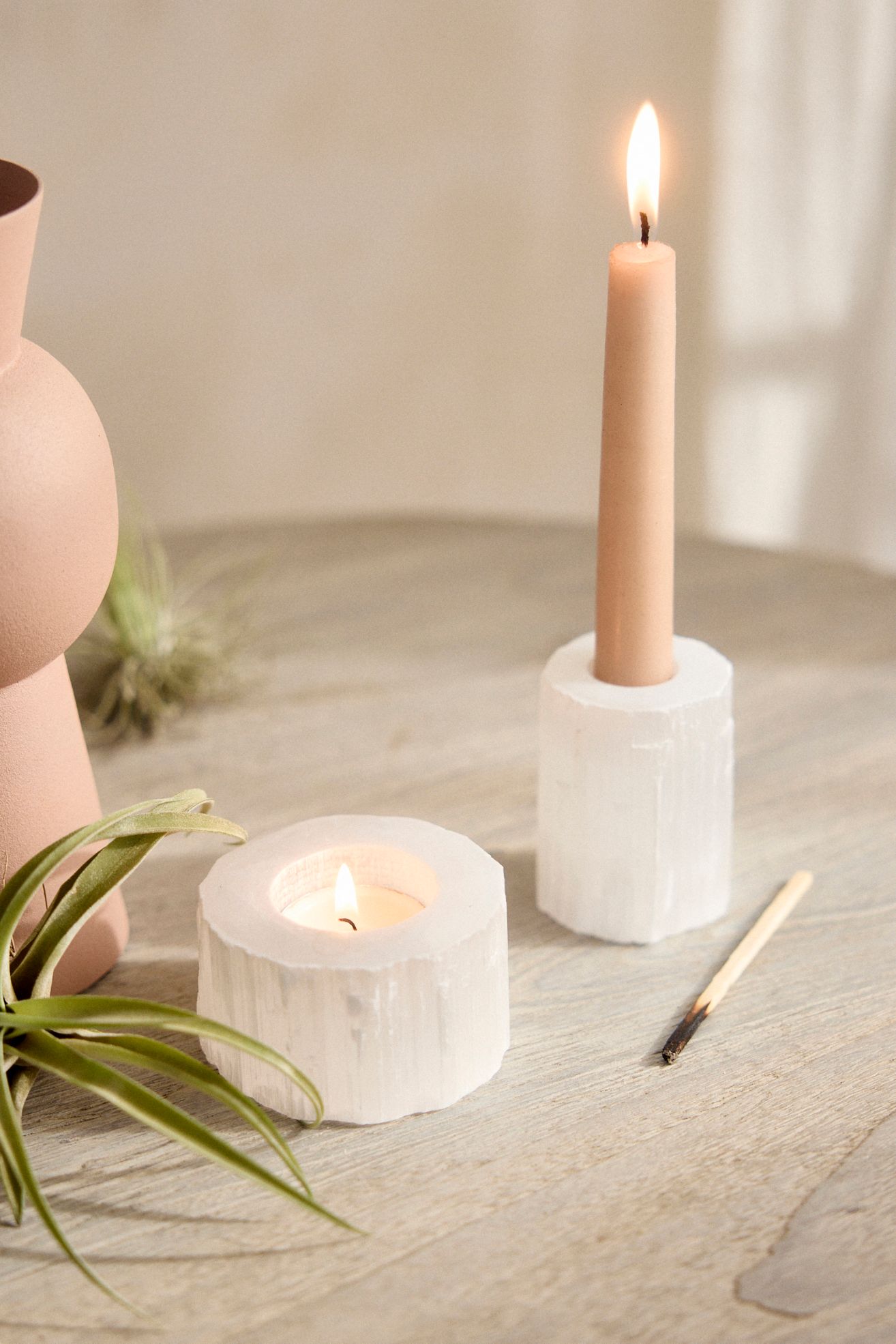 Minimalist Stone Candle Holder, Selenite - White, Taper Holder
