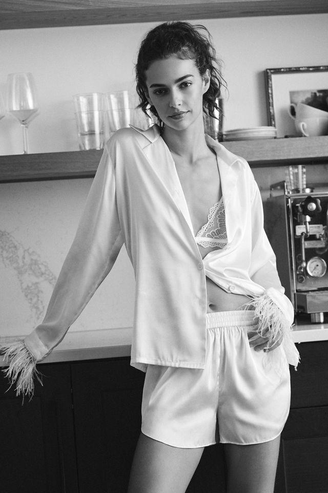 Audrey Adele Feather-Trim Pajama Blouse & Shorts Set #1