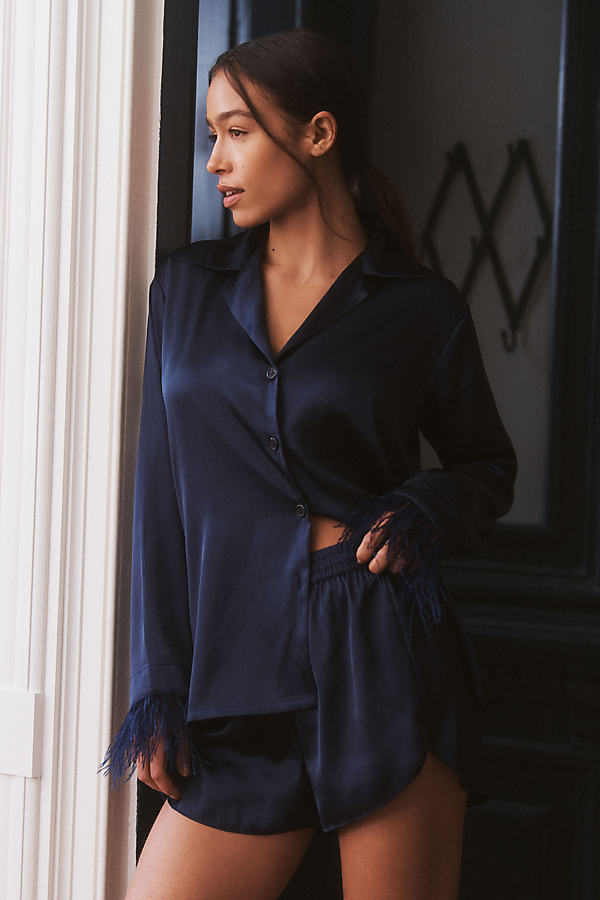 Shop Audrey Adele Feather-trim Pajama Blouse & Shorts Set In Blue