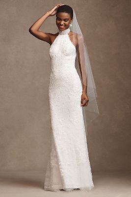 High neck store sheath wedding dress