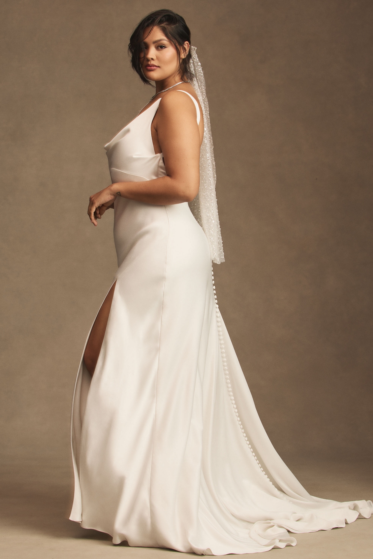 Jenny by Yoo Mae Cowl-Neck Side-Slit Slip Satin Wedding Gown