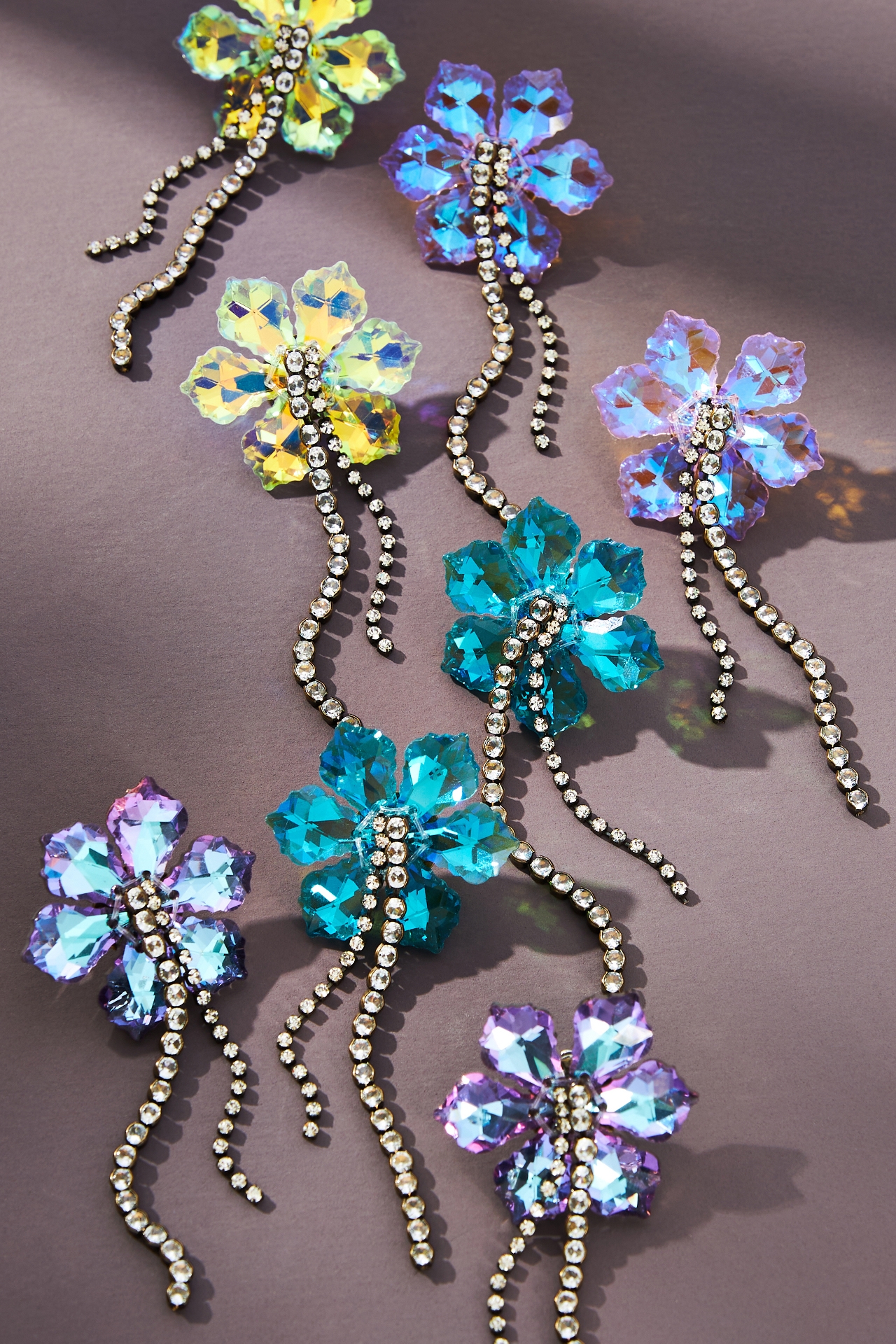 Iridescent Flower Crystal Chain Earrings