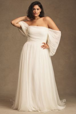 blue dress for baby girl Bohemian Wedding Dresses Lace Neck Long Bell Sleeves – TANYA BRIDAL
