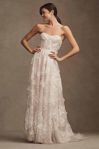Watters Arien Strapless Corset Floral Appliqué A-Line Wedding Gown