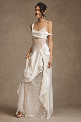 Watters Venus Satin & Lace Draped Wedding Gown In White | ModeSens