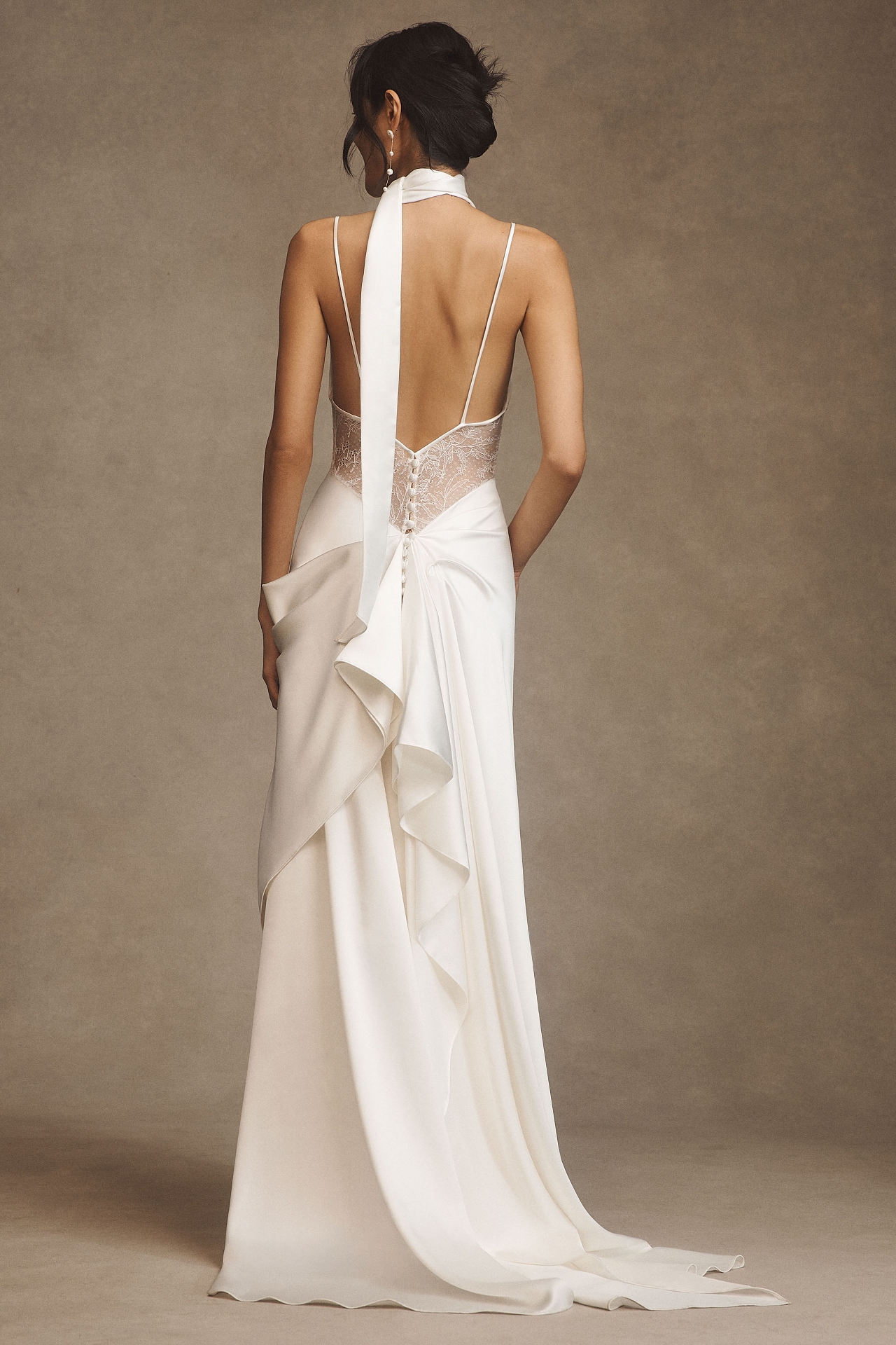 Watters Venus Satin & Lace Draped Wedding Gown