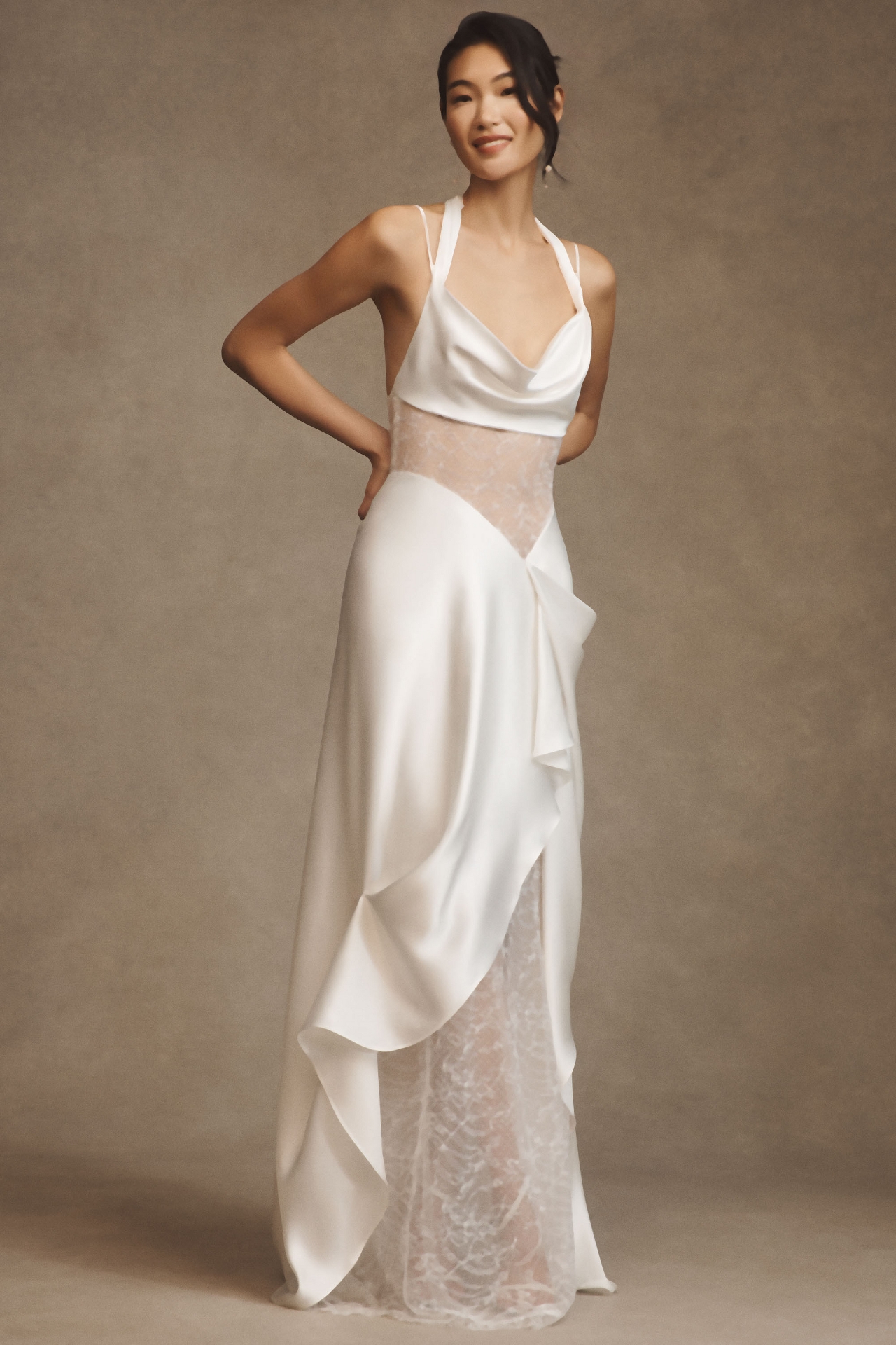 Watters Venus Satin & Lace Draped Wedding Gown