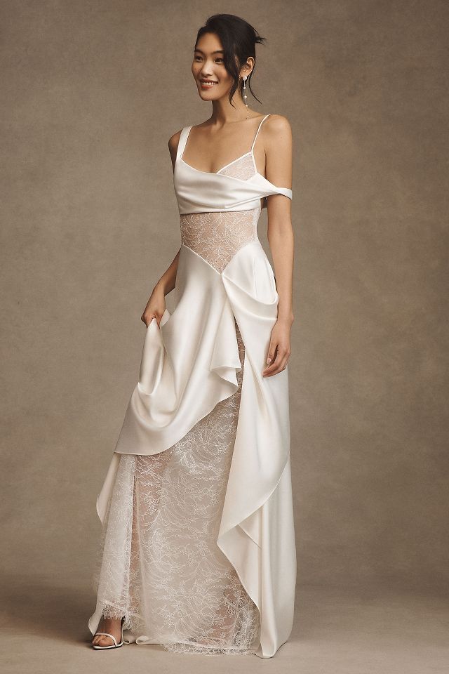 Watters Venus Satin Lace Draped Wedding Gown Anthropologie