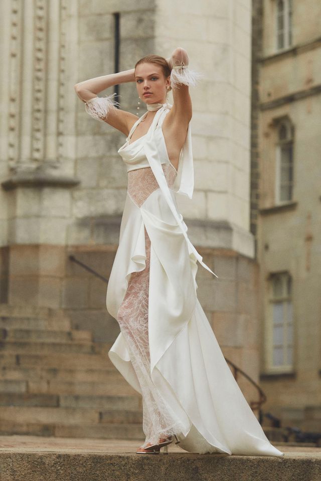 Watters Venus Satin & Lace Draped Wedding Gown