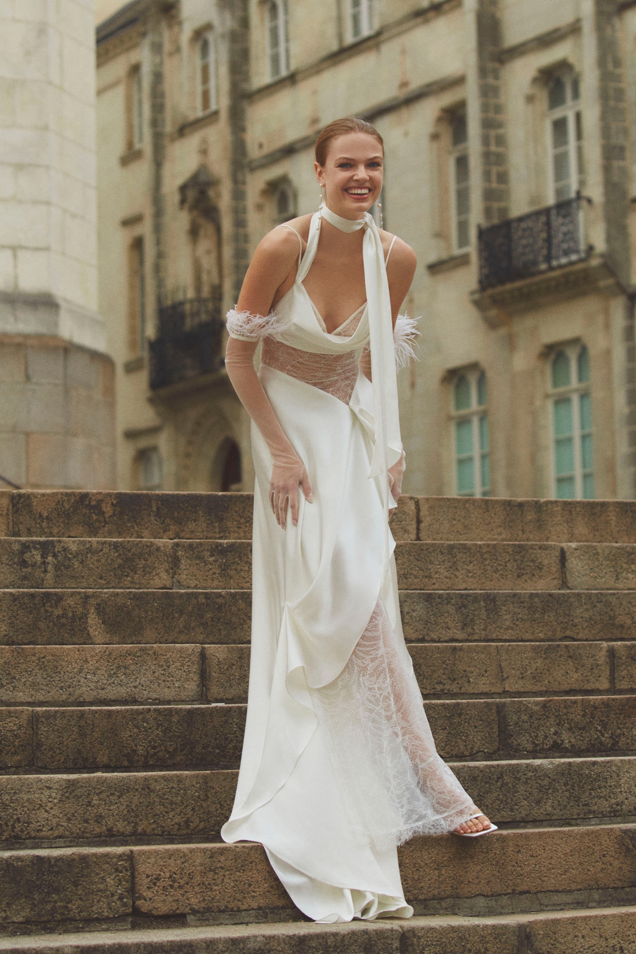 Watters Venus Satin & Lace Draped Wedding Gown