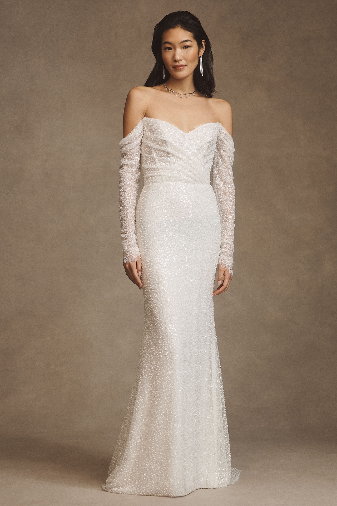 Watters Glimpse Long-Sleeve Off-The-Shoulder Corset Wedding Gown