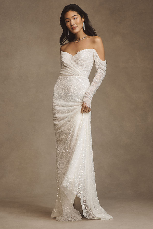 Watters Glimpse Long-sleeve Off-the-shoulder Wedding Gown In White