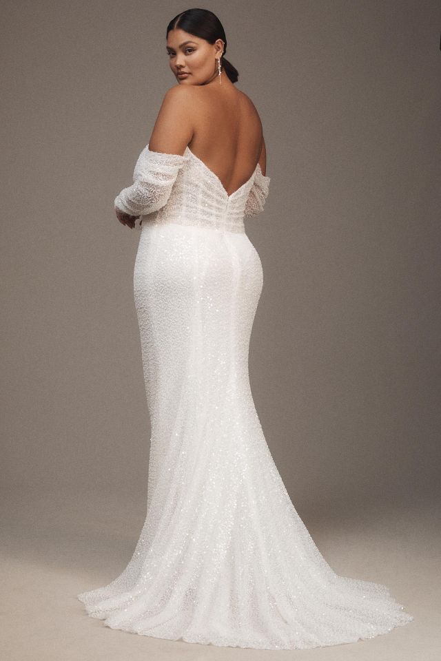 Watters Glimpse Long-Sleeve Off-The-Shoulder Corset Wedding Gown