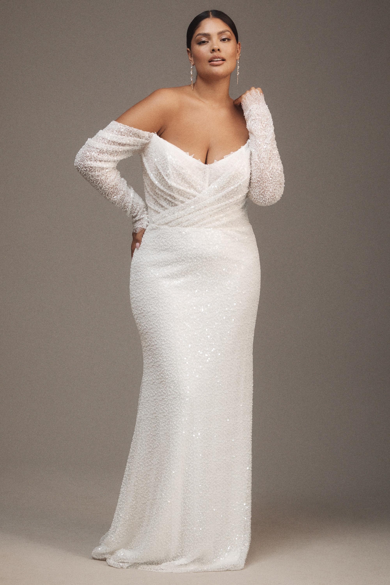 Watters Glimpse Long-Sleeve Off-The-Shoulder Corset Wedding Gown