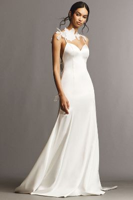 Bégum For Anthropologie Weddings Leonara V-neck Floral Slip Satin Wedding Gown In White
