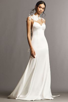 Watters Glimpse Long-Sleeve Off-The-Shoulder Corset Wedding Gown