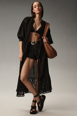 By Anthropologie Mixed Lace Crochet Duster Jacket In Black