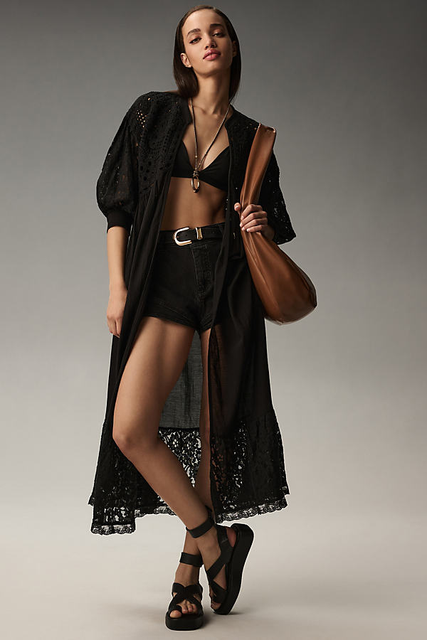 By Anthropologie Mixed Lace Crochet Duster Jacket In Black