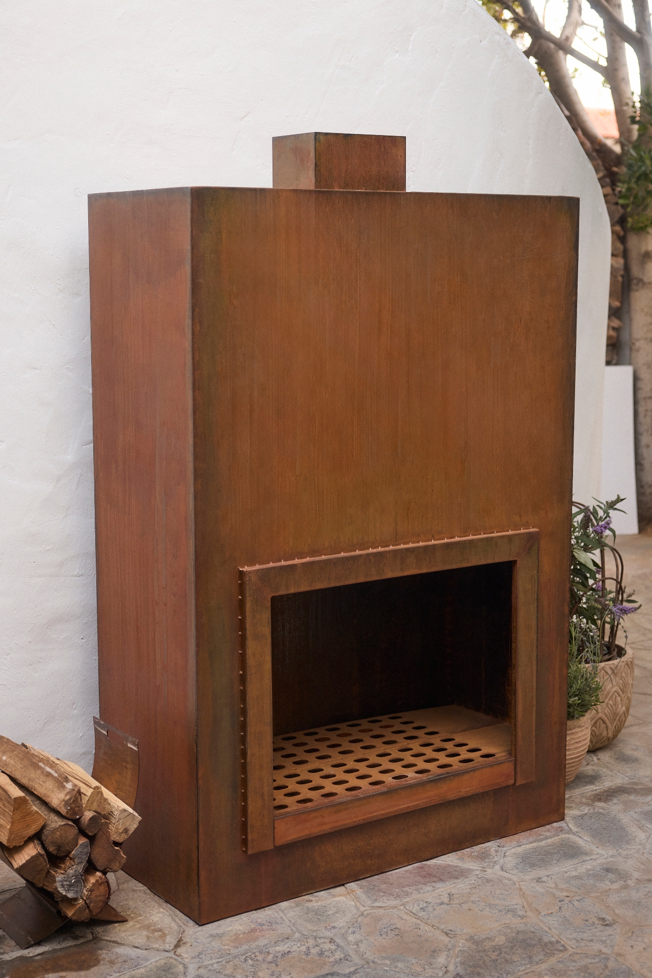 Weathering Steel Planed Outdoor Fireplace, Large