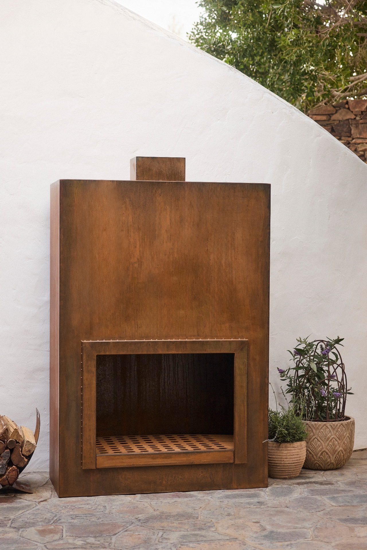 Weathering Steel Planed Outdoor Fireplace, Large