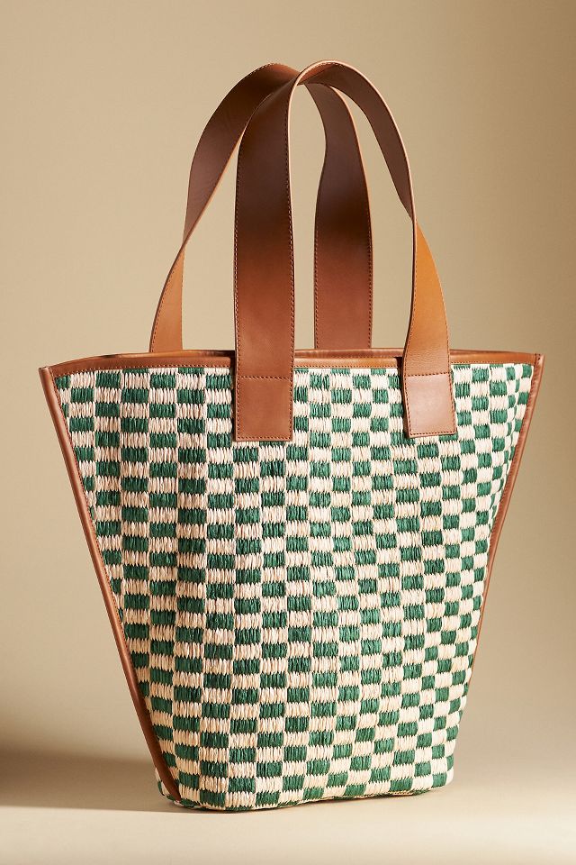 By Anthropologie Raffia Checkered Angular Tote Bag