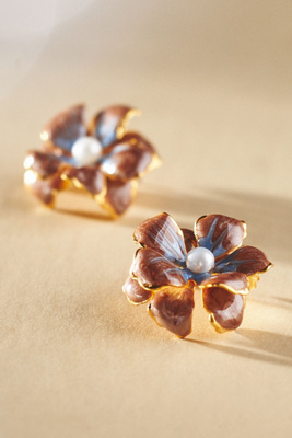 The Pink Reef Handpainted Floral Post Earrings In Beige