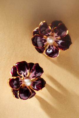 The Pink Reef Handpainted Floral Post Earrings In Purple