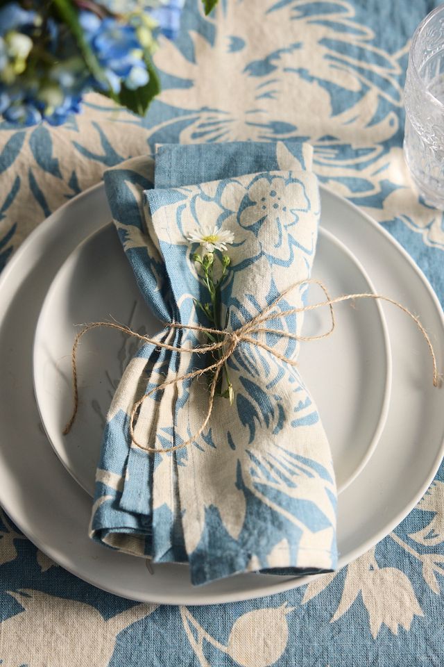 Floral Blues Linen Napkins, Set of 2