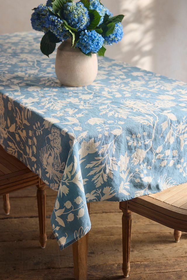 Floral Blues Linen Tablecloth #2