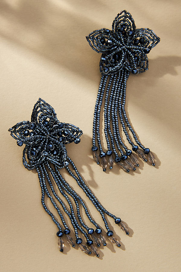 By Anthropologie Floral Beaded Pearl Drop Earrings In Black