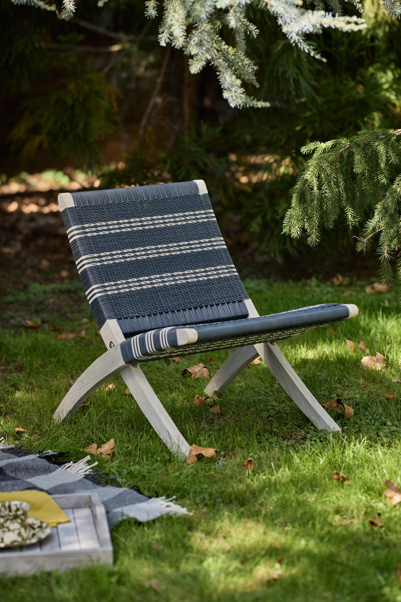 Folding Teak + Wicker Scissor Chair, Stripe