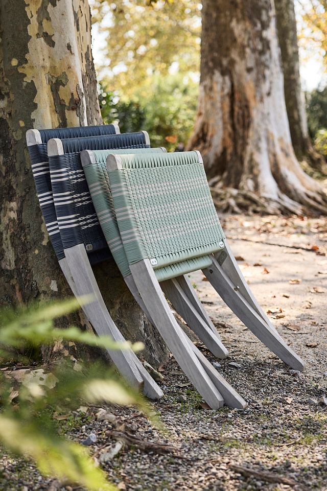 Folding Teak + Wicker Scissor Chair, Stripe #3