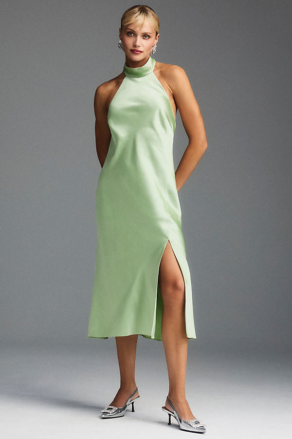 Bhldn Violet Halter Open-back Side-slit Stretch Satin Midi Dress In Green