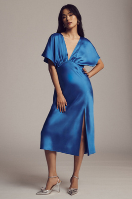 BHLDN Leila Stretch Satin Deep-V Midi Dress