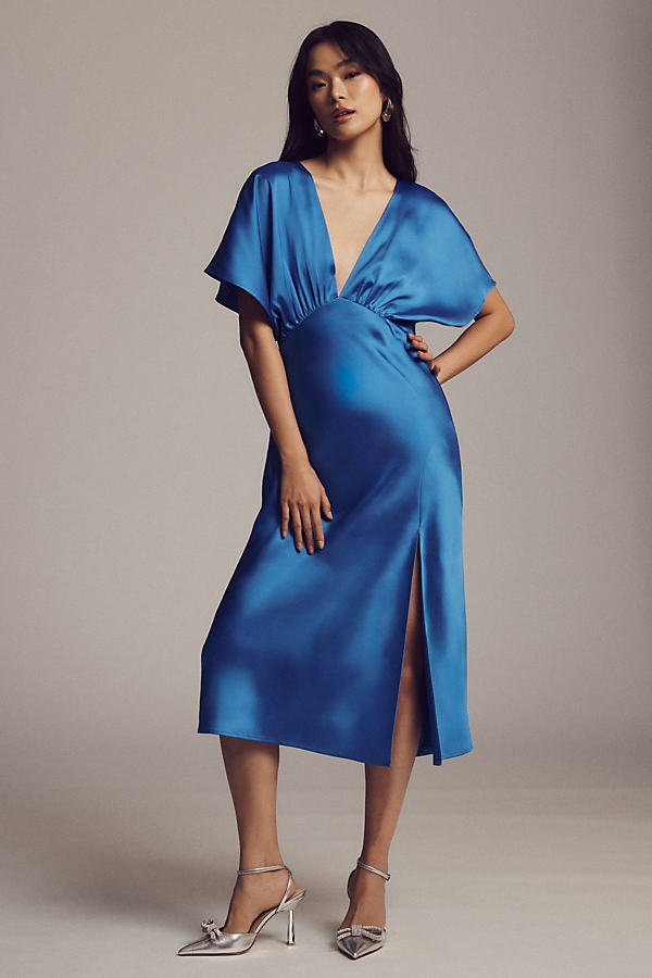 Bhldn Leila Stretch Satin Deep-v Midi Dress In Blue
