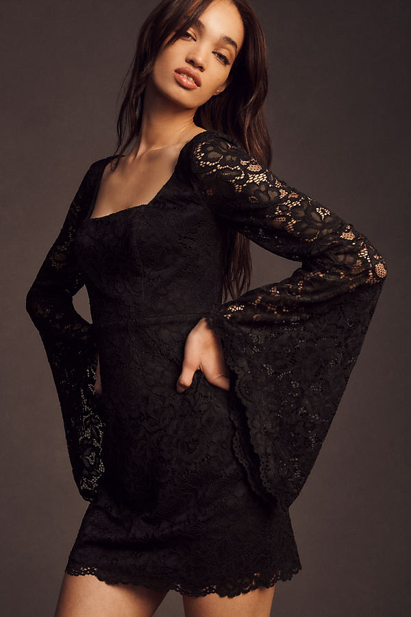 Bhldn Belle Long-sleeve Square-neck Lace Mini Dress In Black