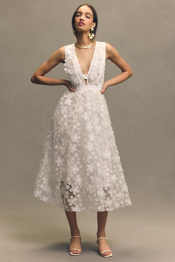 Bhldn Stevie Sleeveless V-neck Floral Appliqué A-line Midi Dress In White